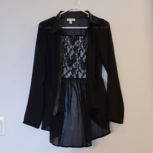 Black sheer mesh lace loose flowy top shirt